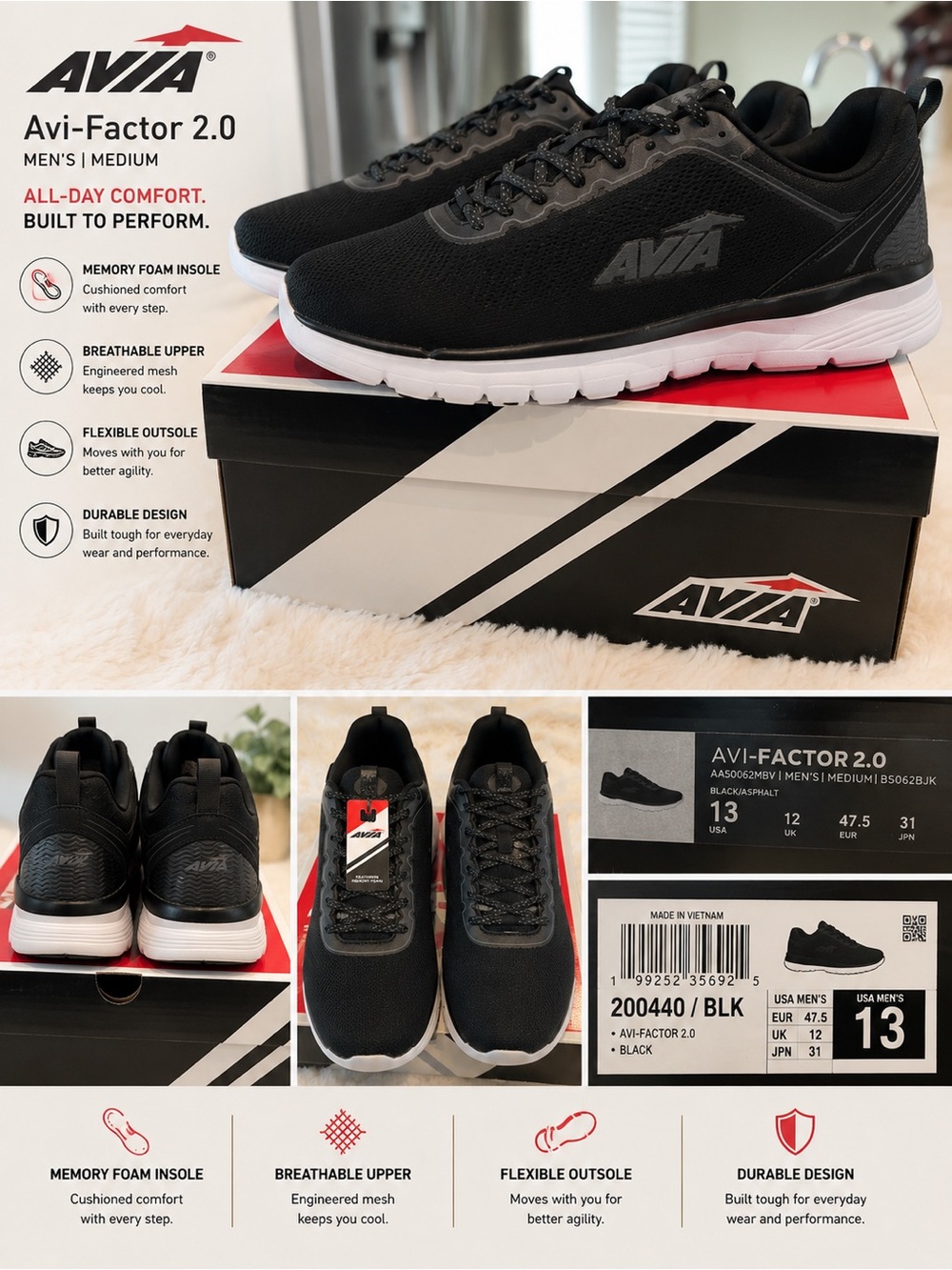 Avia Avi-Factor 2.0 Men's Athletic Shoes in Black and White